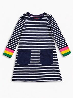 Mini Boden Girls7-8 Rainbow Cuff Striped Dress Long Sleeve Pocket Dress Like New